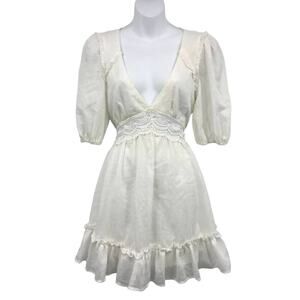 Hotoveli V-Neck Lace Mini Dress M Puff Sleeve Ruffle Empire Cutout Open Back NWT